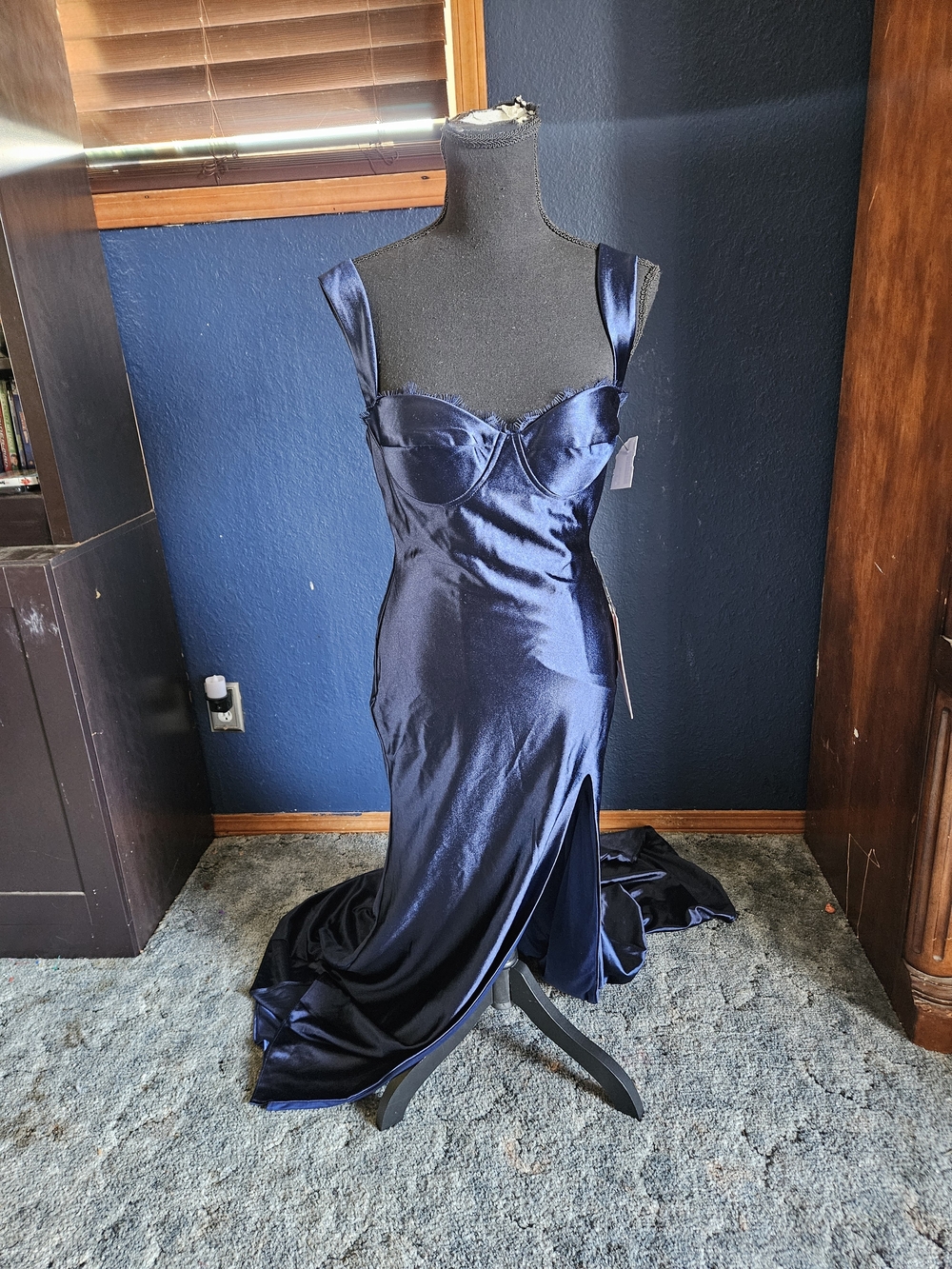 Elegant Navy Satin Prom Gown with Bustier Bodice